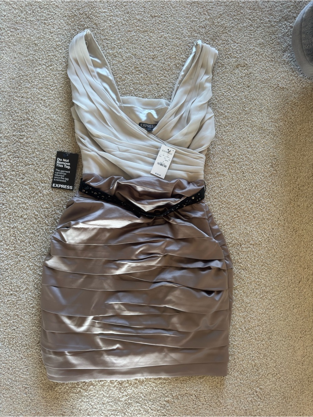 Express Two-Tone Draped V-Neck Mini Dress in Ivory and Taupe with Black Trim